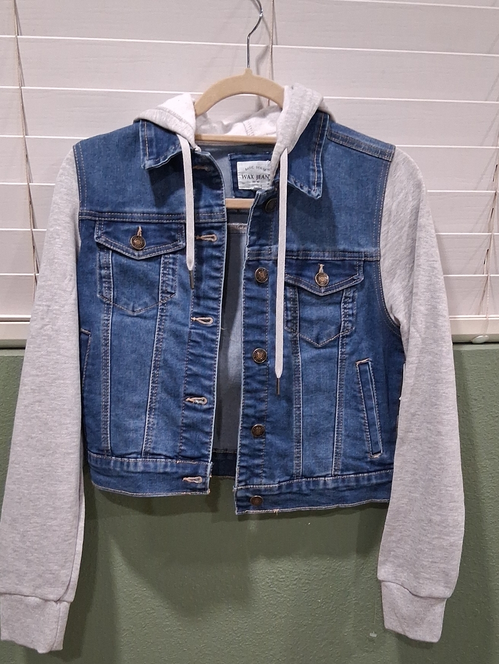 Wax Jean Blue Denim Jacket with Light Gray Hoodie Sleeves